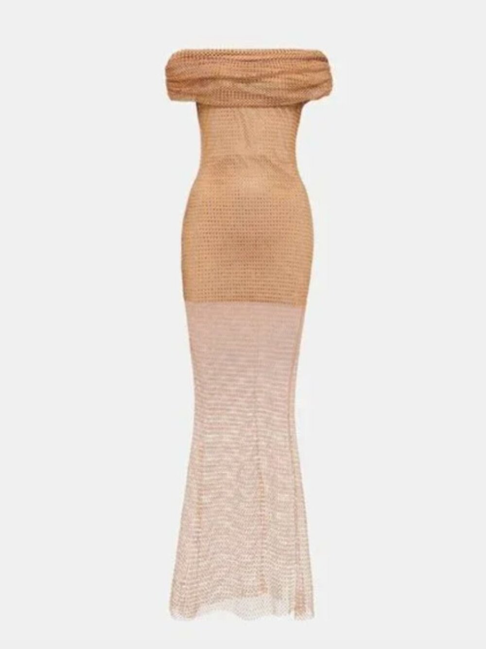 NWT Self-Portrait Mesh Maxi Dress In Nude Off-Shoulder Crystal Embellished Sz 10